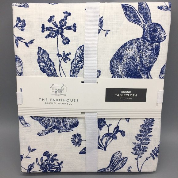 Rachel Ashwell Other - Rachel Ashwell Easter Blue Bunny Rabbit Toile 70” R Tablecloth Cloth Farmhouse
